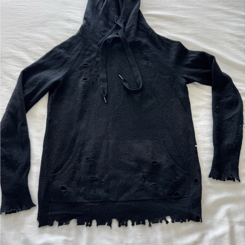 Aqua Cashmere Black Distressed Hoodie Sweater Size Small